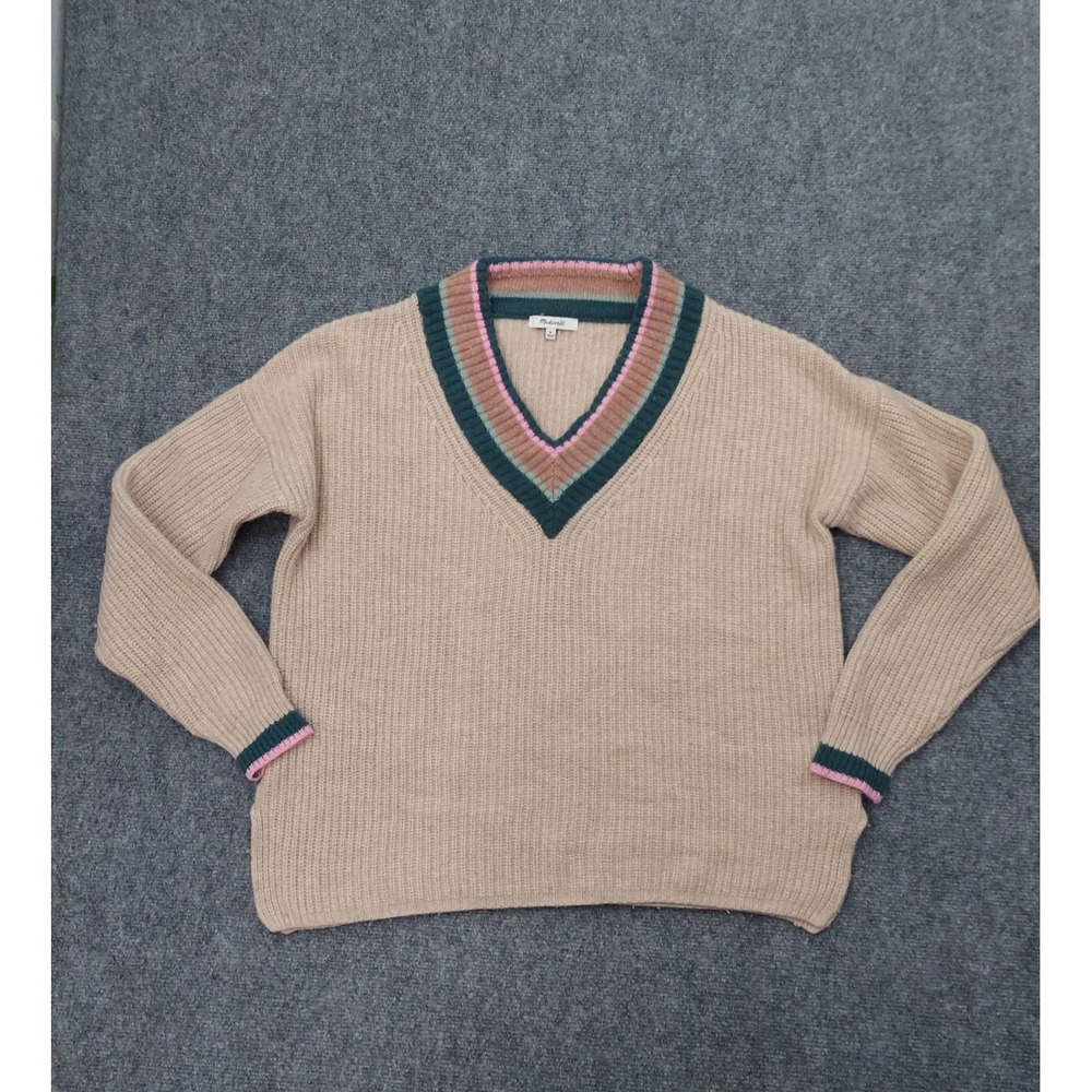Madewell Wool Sweater womens Medium Beige Pink V Neck Tennis Style Ribbed Warm